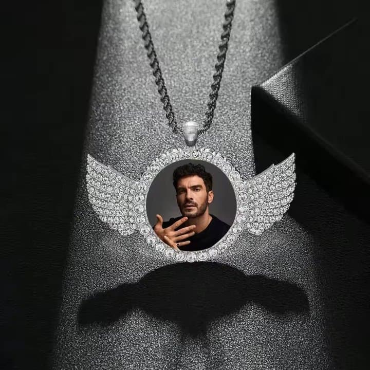 Silver winged photo locket pendant with rhinestones
